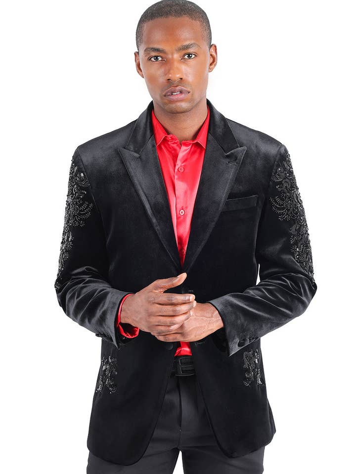 Herrejuveler Rhinestone Studs Velvet Peak Lapel Blazer 2BLR2 for engroshandel hos BARABAS