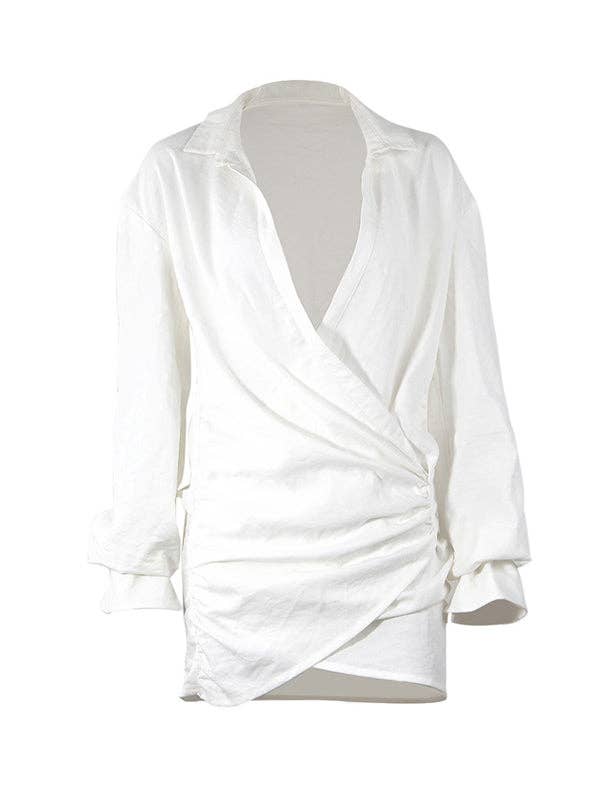 WHITE Bodycon Long Sleeves Pleated Solid Color Deep V-Neck Mini Dresses Shirt Dress for wholesale on Faire5