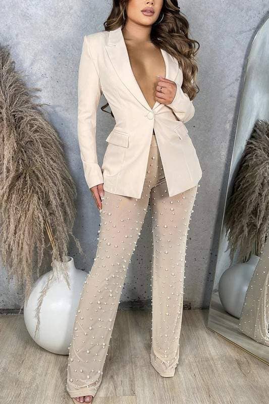 Queen Fashion - Venta al por mayor Conjuntos de top y falda - Mujer - blazer blanco a la moda con pantalones transparentes1