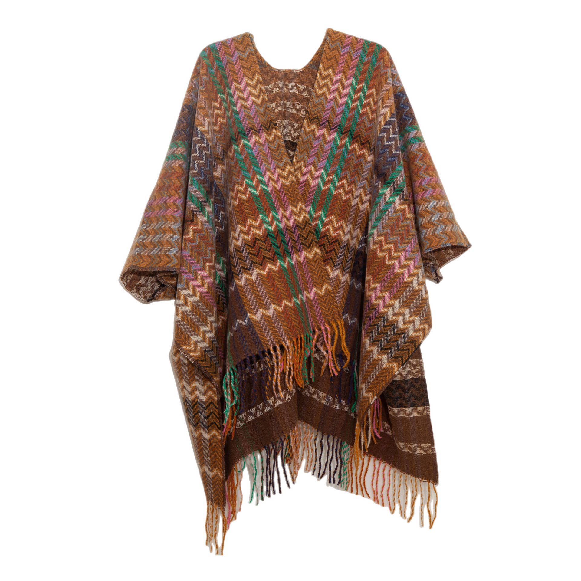 ePretty - Wholesale Poncho - Women's - Multi Color Chevron Printed Knit Wrap with Tassels Z1-PJP122