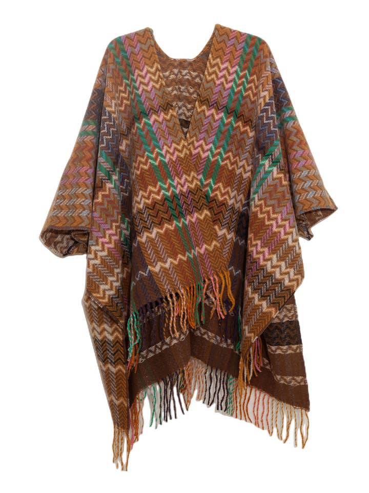 ePretty - Wholesale Poncho - Women's - Multi Color Chevron Printed Knit Wrap with Tassels Z1-PJP122