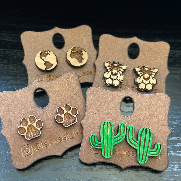 Customizable Wooden Stud Earrings for wholesale by Far West Laser LLC