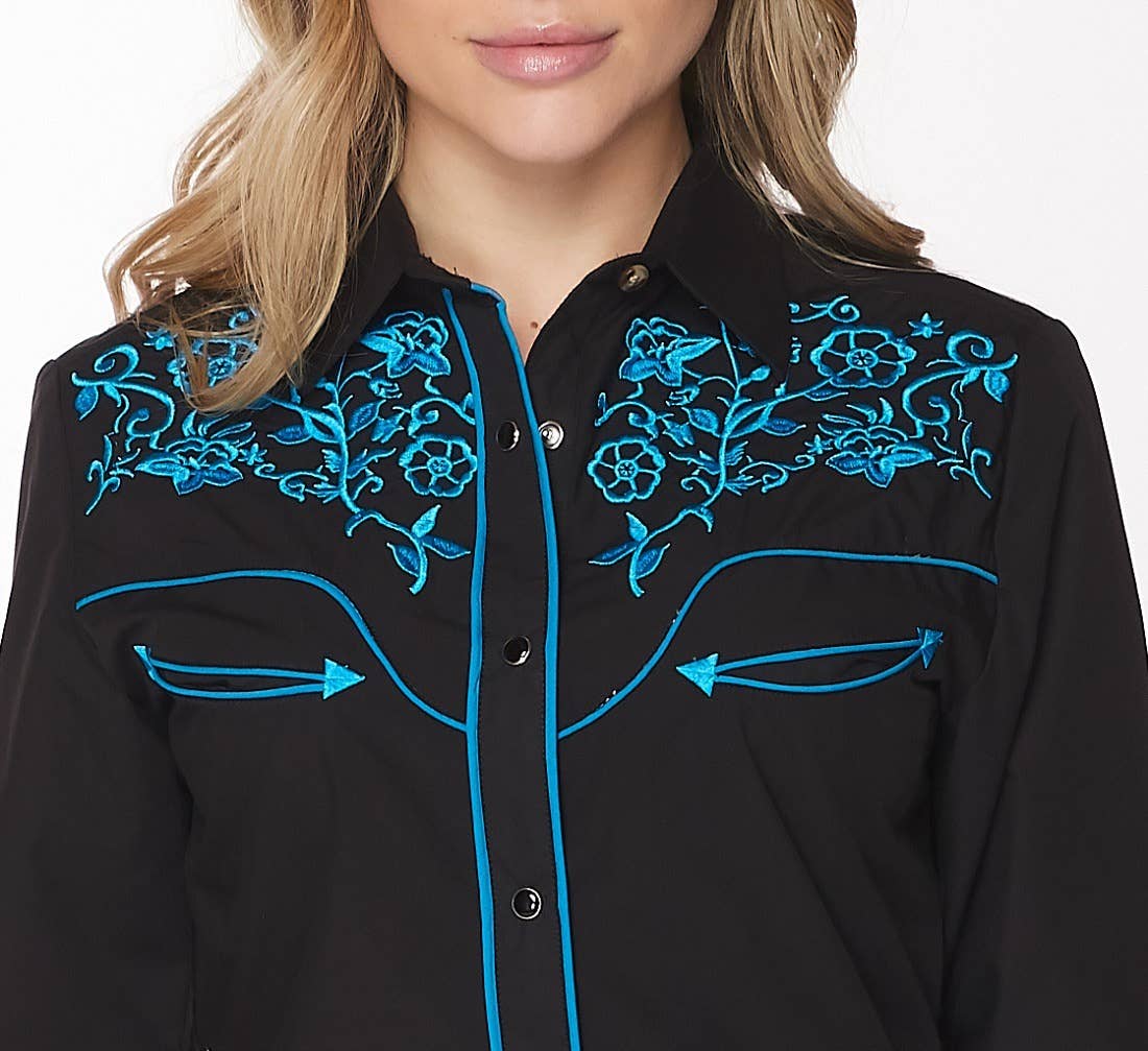 Rodeo Clothing - Vente Chemise à col boutonné – femme - Robe brodée à manches longues d'inspiration western pour femmes14