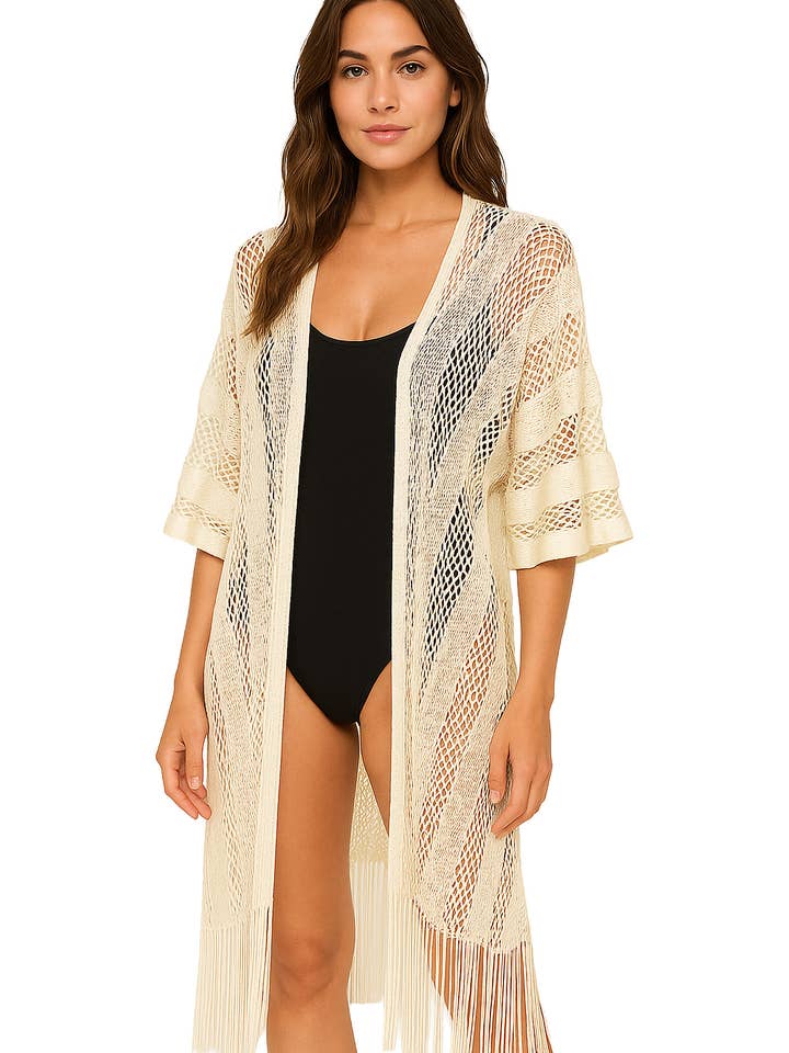 Metallic Fishnet Stripe Mesh Kimono Cover-up for wholesale by Cap Zone