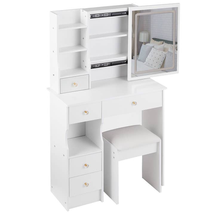 White Small Vanity Dressing Table with Padded Stool & Mirror Light for wholesale on Faire11