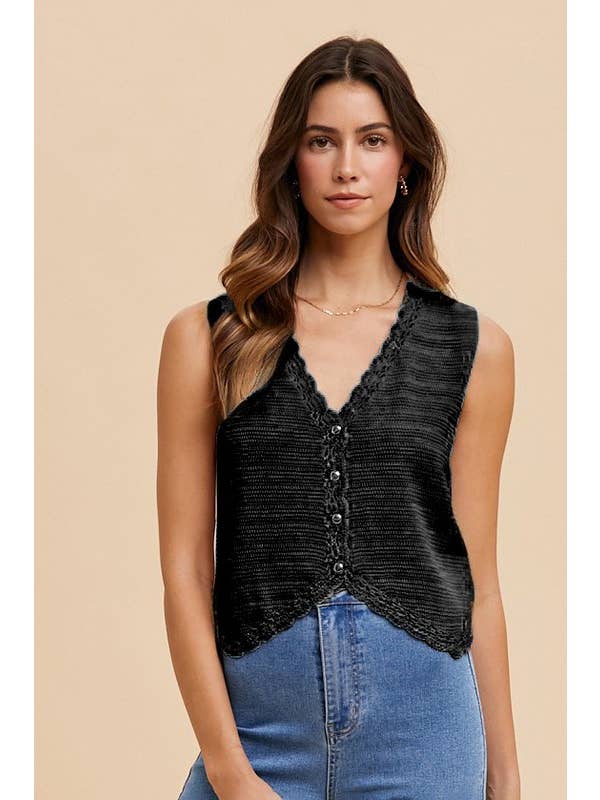 Vanilla Monkey - Wholesale Knit Top - Women's - Crochet Trimmed Button Down Sweater Vest