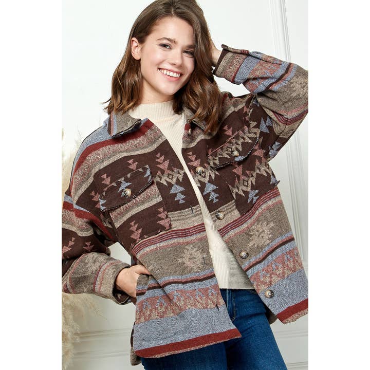AZTEC PRINT BUTTON DOWN SHACKET for wholesale by Clothing of America
