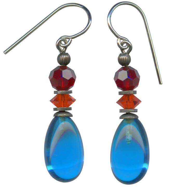 RAINDROPS 53 - BOUCLES D'OREILLES TURQUOISE, VERRE, CRISTAL, ARGENT pour la vente par Owen Glass Collection