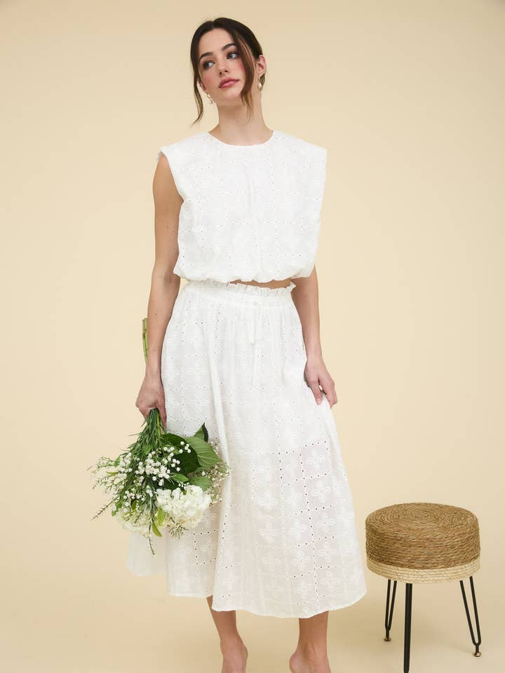 WHITE EYELET RUFFLE DETAIL MIDI SKIRT for wholesale on Faire
