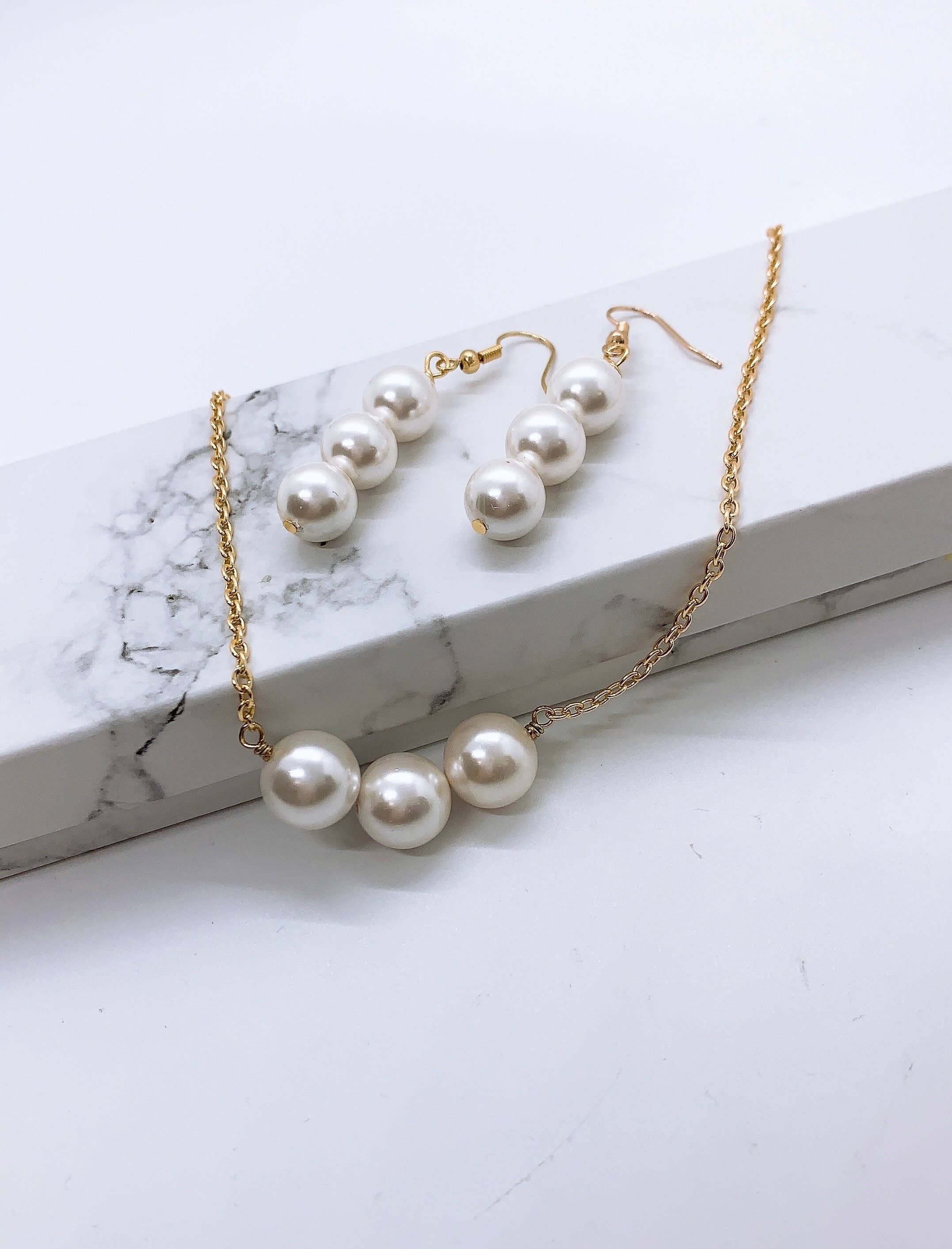 Anela's Jewelry - Wholesale Jewelry Set - 10MM Vertical Triple Shell Pearl: Hamilton Gold Earrings Necklace5