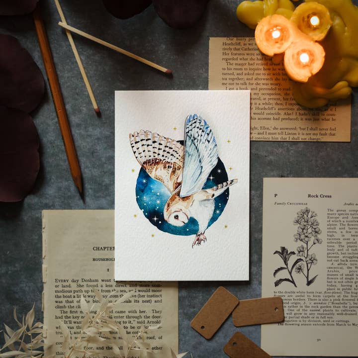 Night Owl Pop Out Watercolour Greetings Card for wholesale by Sophie Brabbins