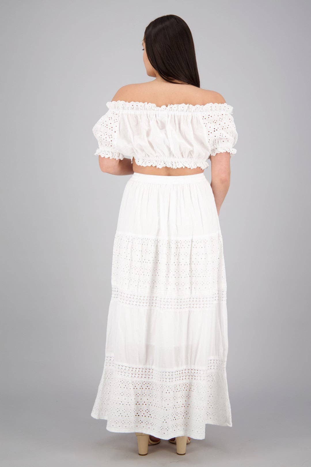 Advance Apparels – Engroshandel Top- og nederdelsæt - Dame – On/Off Skulder Hvid Todelt Sæt 960193