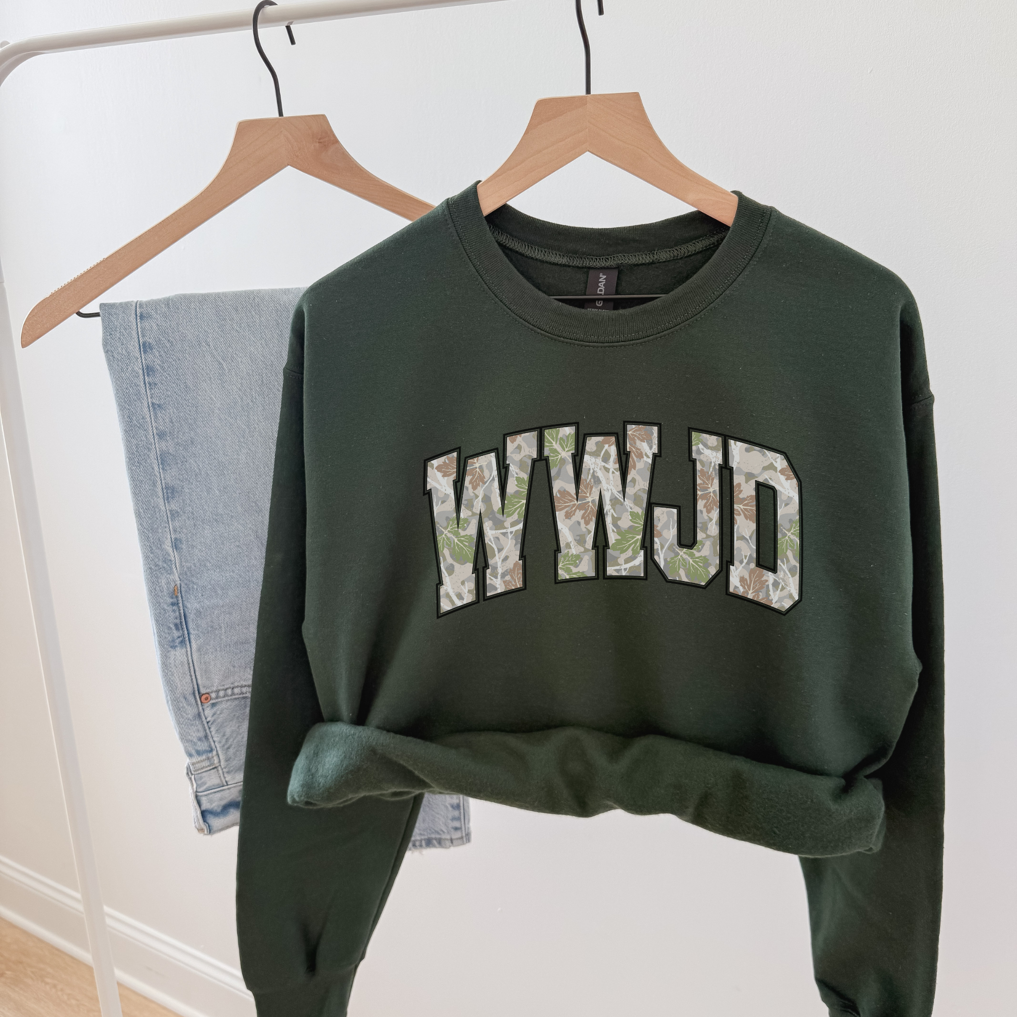Hey Jude Graphic Tees - Wholesale Graphic Sweatshirt - Women's - WWJD Camo Letter Sweatshirt | Faith Graphic Crewneck4