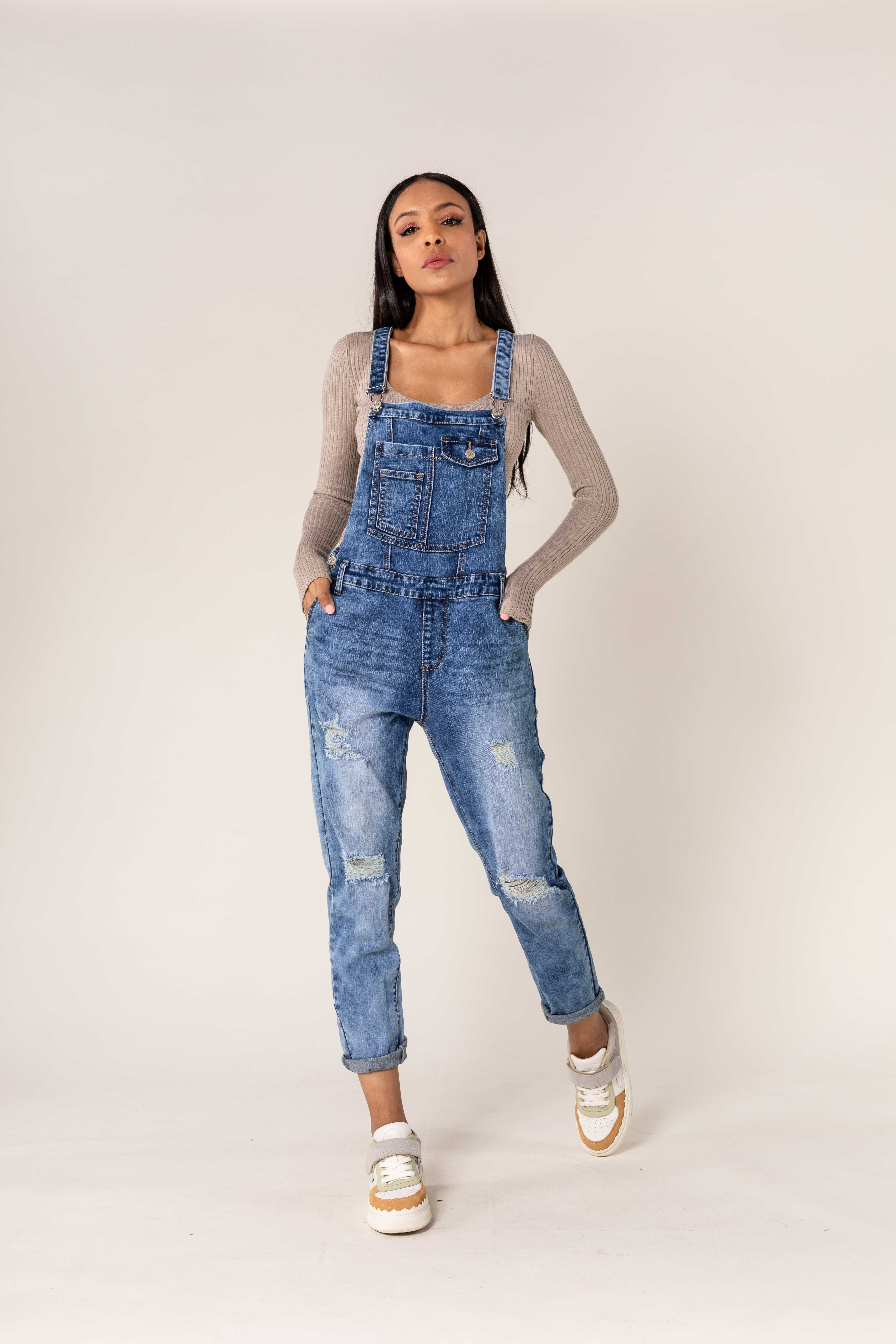 Nina Carter - Wholesale Overalls - Women's - Destroy denim overalls in wide stretch boyfriend jeans S5350