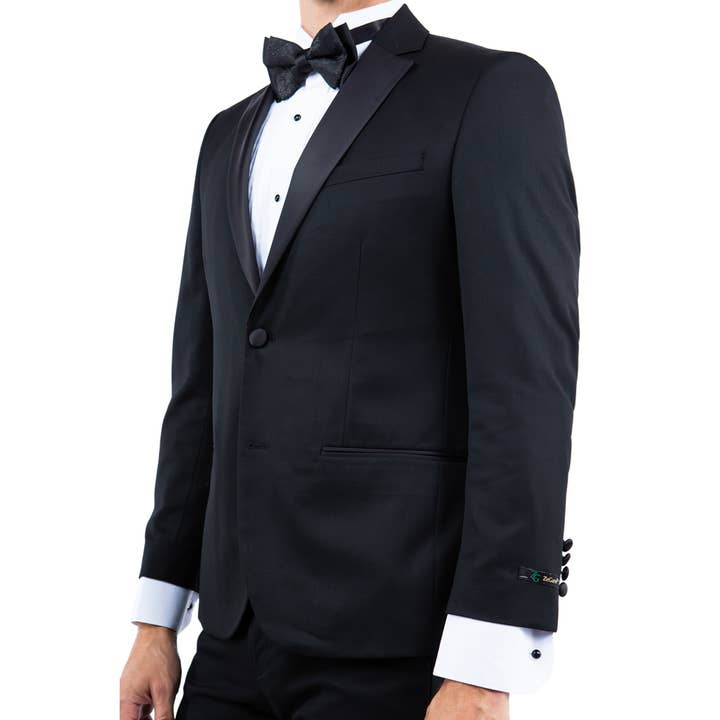 Black Mens Tuxedo Jacket Satin Notch Lapel Modern Fit Blazer for wholesale by Suits America