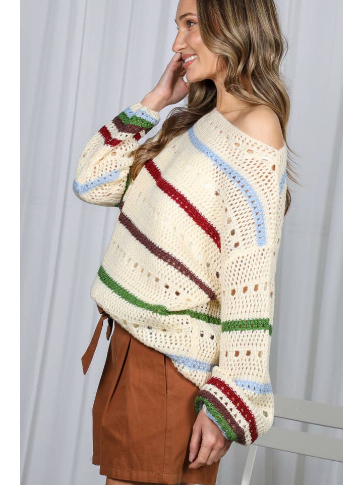 Multi Top de suéter de punto de crochet a rayas multicolor VT81238A- de venta al por mayor en Faire7