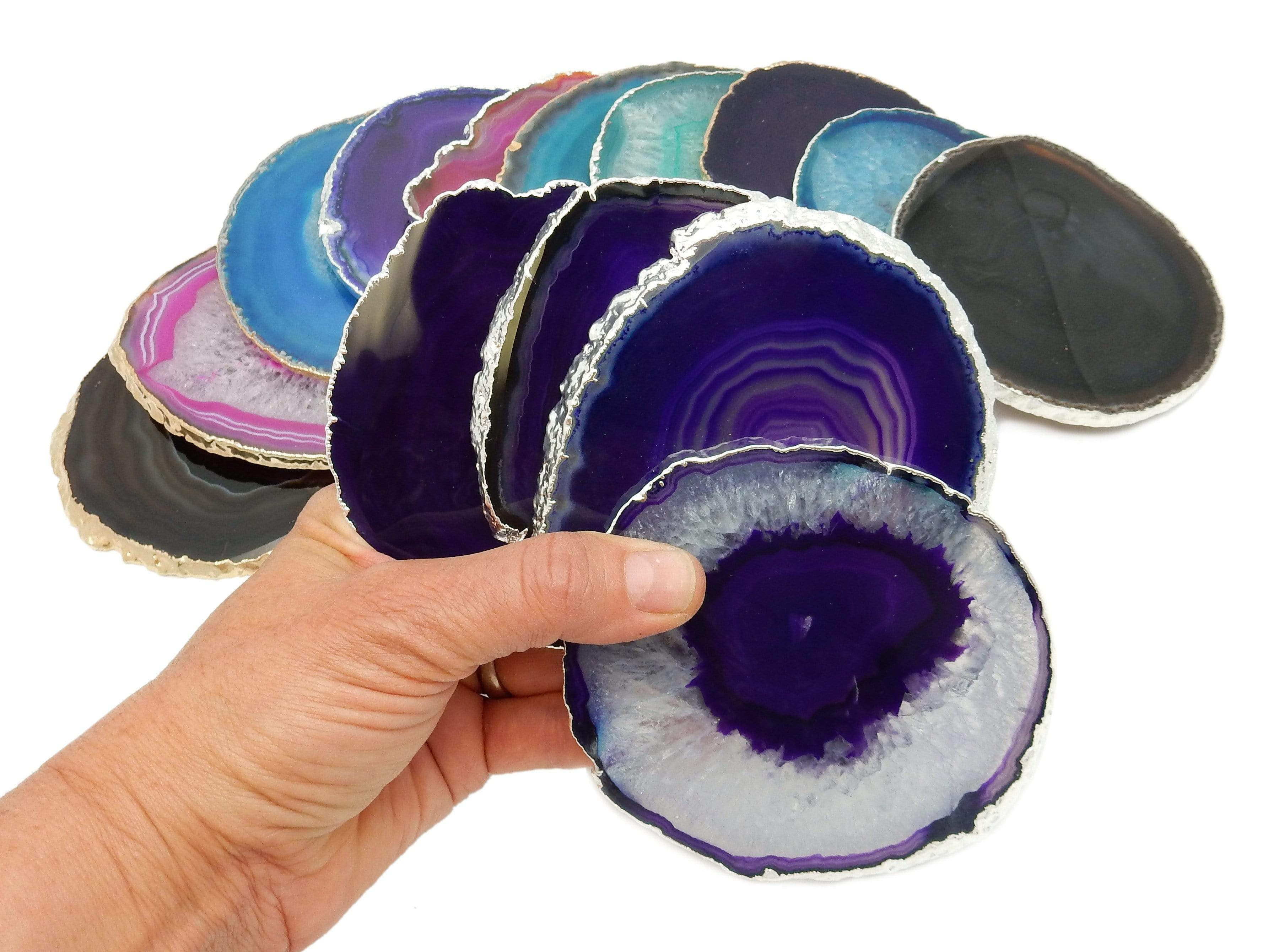 Rock Paradise - Wholesale Coasters - Set of 4 Agate Crystal Coasters Gold /Silver Electroplated 11