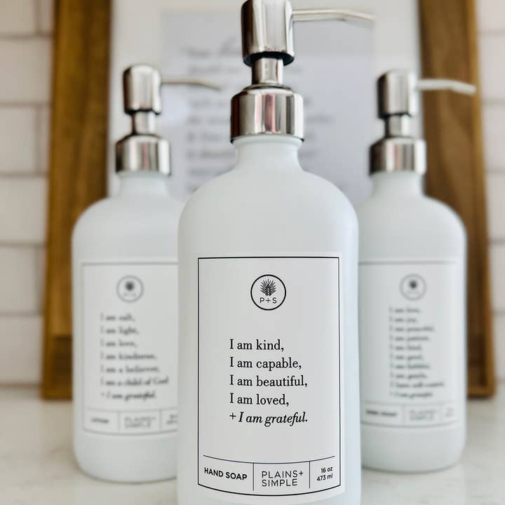 I Am Kind White Glass Reusable Soap/Lotion Dispenser for wholesale by Plains + Simple