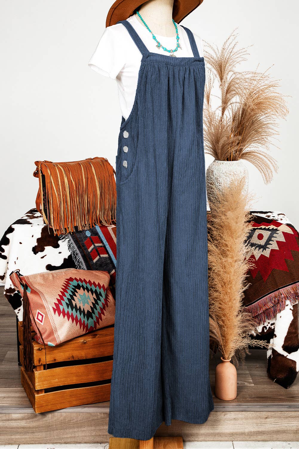 Green Fashion-W Solid Pocketed Loose Fit Corduroy Overall for wholesale on Faire8