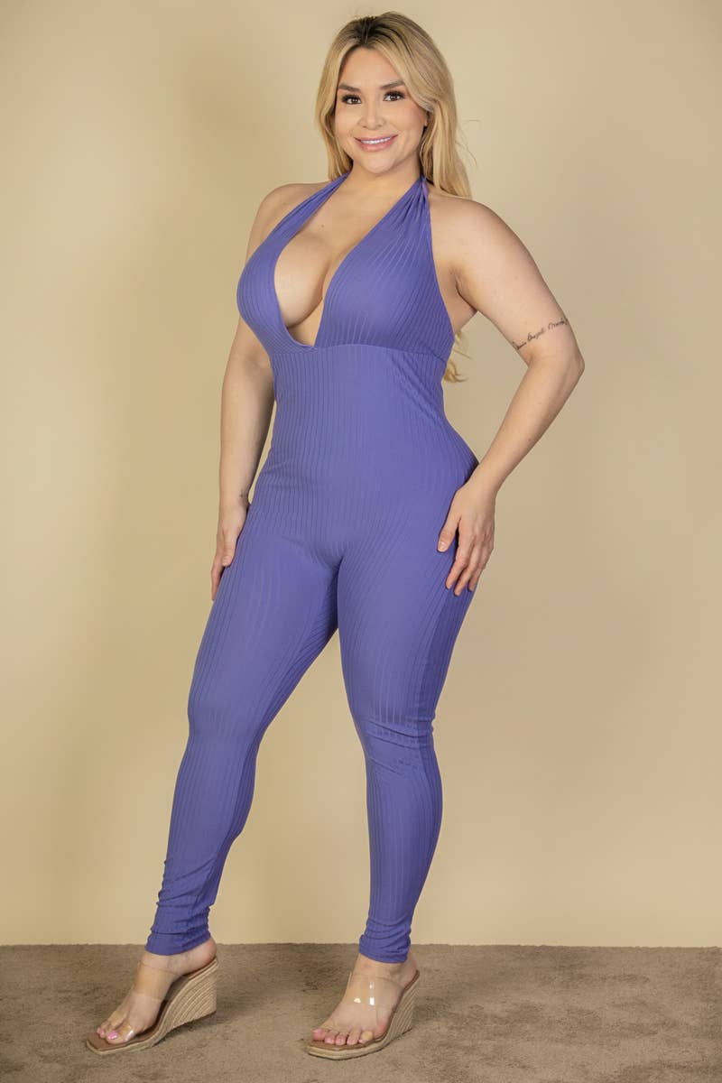 CAPELLA APPAREL - Wholesale Jumpsuit - Women's - Plus Size Halter V Neck Ribbed Bodycon Jumpsuit6