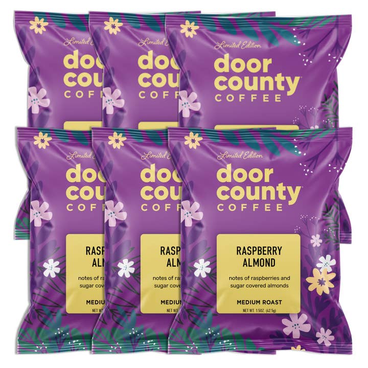Raspberry Almond SPRING Flavored Coffee, 1.5oz, 6 pack for wholesale by Door County Coffee