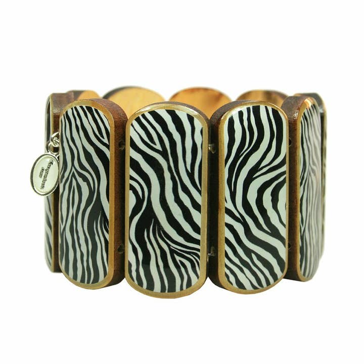 Statement wooden bracelet wide zebra pattern for wholesale by Escapulario