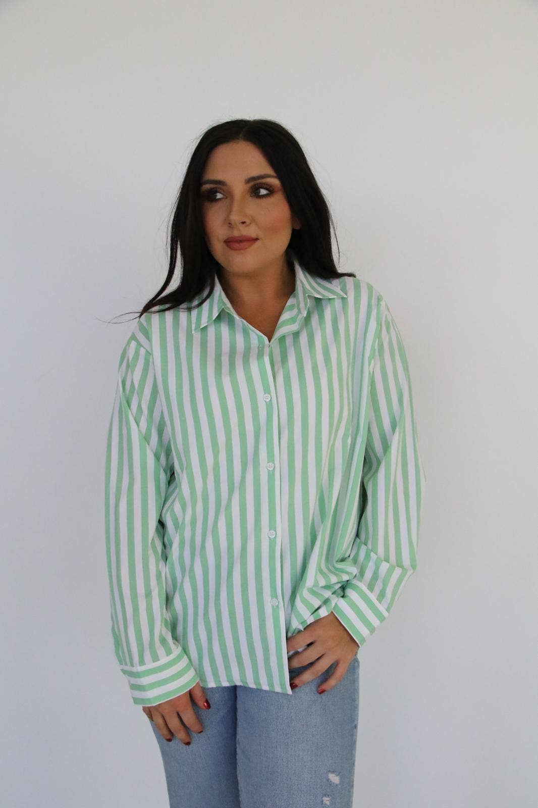 Turquoise Haven - Vente Chemise à col boutonné – femme - HAUT RAYÉ VERT MENTHE TH36 (7 Pièces)2