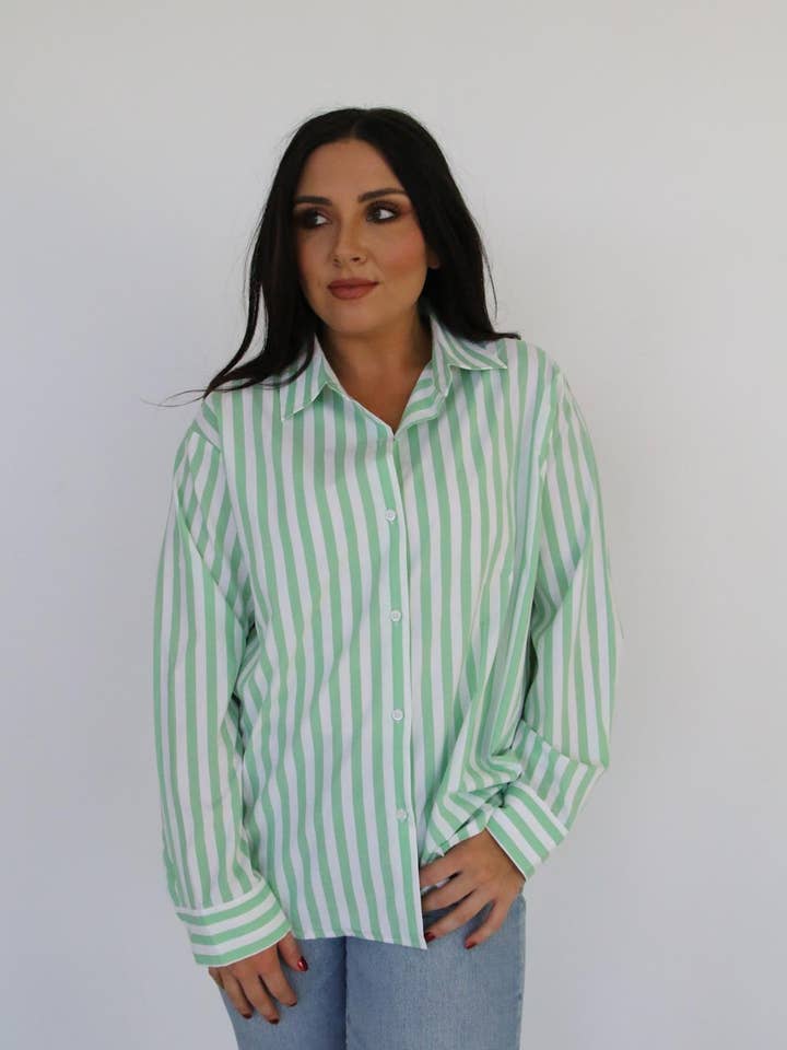 Turquoise Haven - Wholesale Button Down Shirt - Women's - TH36 MINT GREEN STRIPED TOP (7 Piece)2