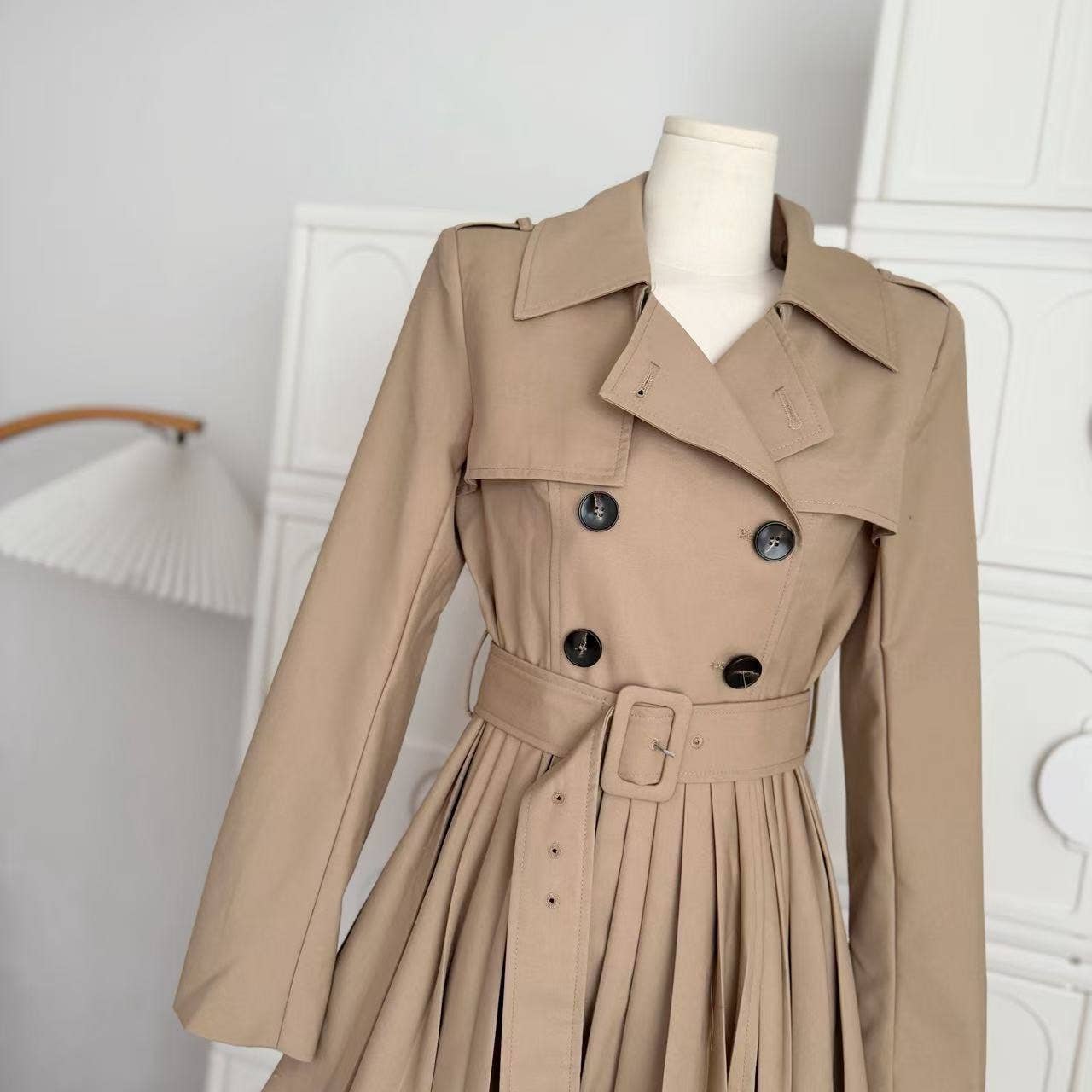 Khaki DR898Y Autumn Pleated Dress with Waist Tie for Women for wholesale on Faire2