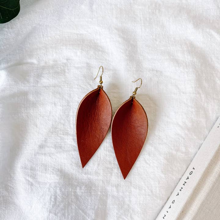 Whitebirch Handmade Goods - Wholesale Dangle Earrings - Yukon Cognac Leather Leaf Earrings