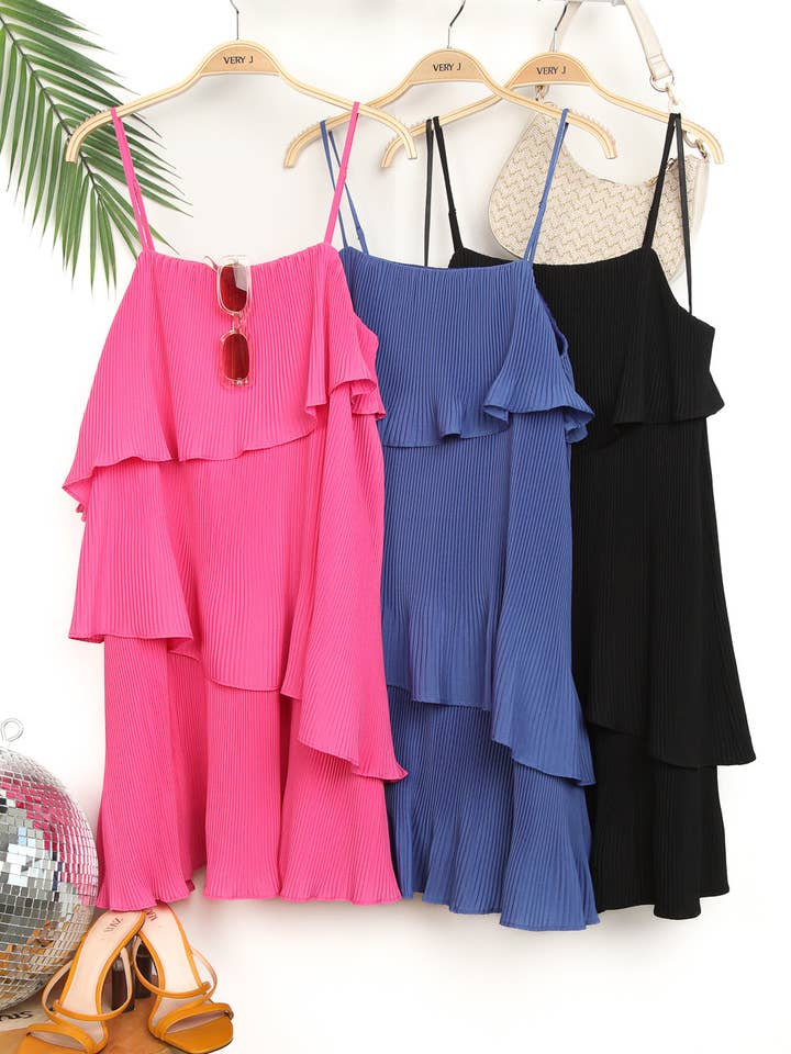 VERY J - Wholesale Dress - Women's - ND31222-Sleeveless Pleats Asymmetrical Tiered Mini Dress