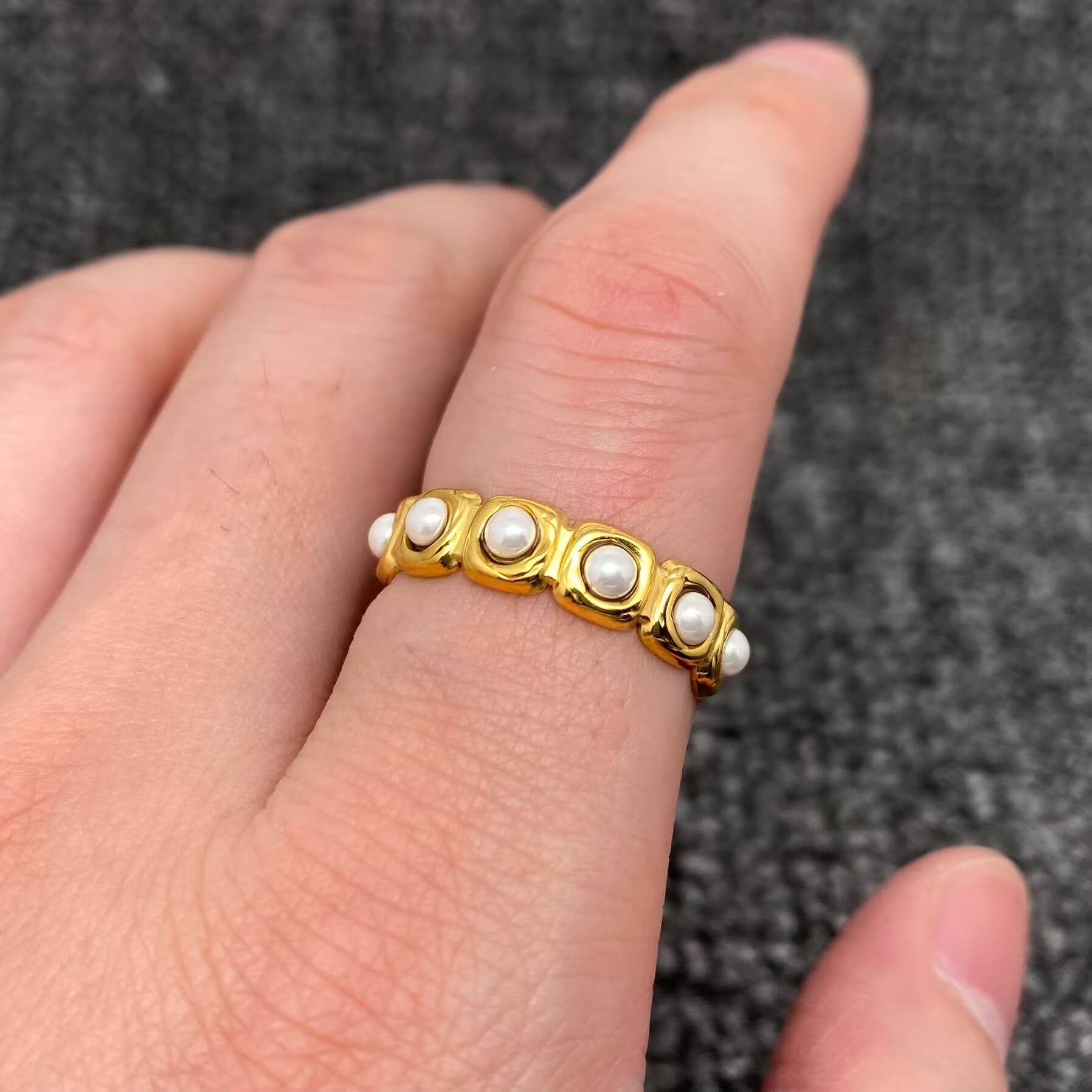 Mio Queena - Wholesale Cocktail/Statement Ring - 18K Golden Stainless Steel Adjustable Ring With Pearls - FGS2