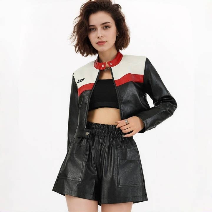 Kurze Bikerjacke mit Farbblockmuster für den Großhandel von MoodGold