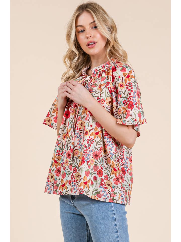 Dk Coral Multi Floral Short Sleeve Blouse, MT51756 for wholesale on Faire