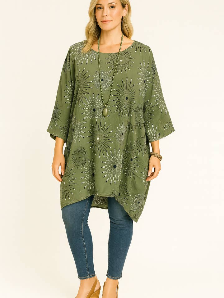 Top de Algodão com Estampa de Sol Italiano e Bolso Frontal por atacado de Miss Bold