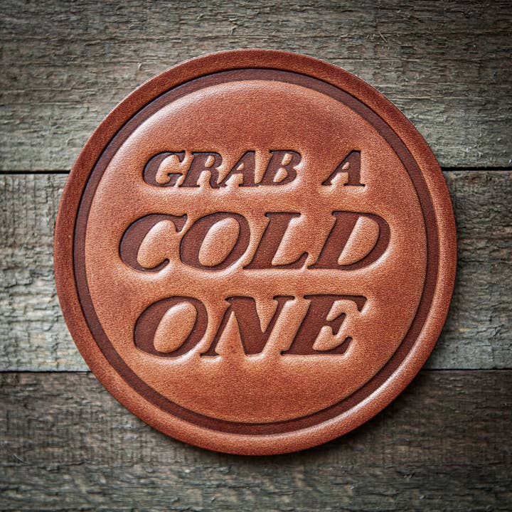 Grab a Cold One Leather Coaster for wholesale by Sugarhouse Leather