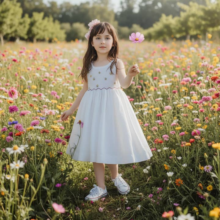 White Geometric Smocked with Multi Flowers Sleeveless Dress for wholesale by Hello Bebes!