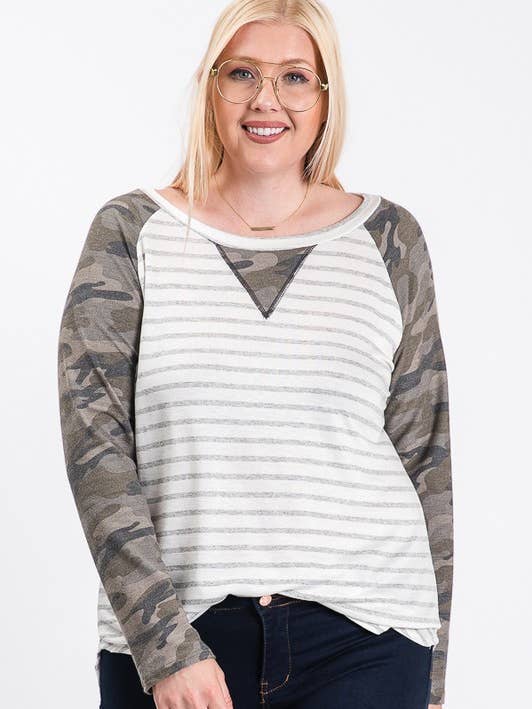 CAMISA DE MANGA COMPRIDA TG7843-PLUS SIZE COM MANGAS ESTAMPADAS CAMUFLADAS por atacado de lovely melody