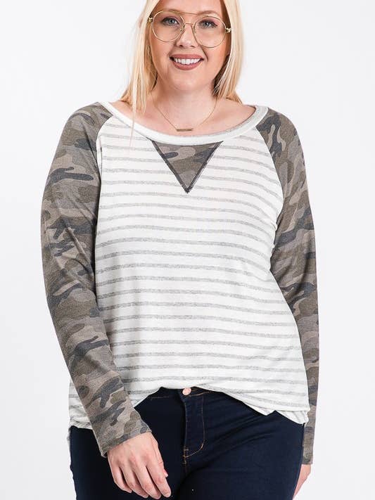 TG7843-PLUS SIZE LONG SLEEVE SHIRT WITH CAMO PRINT SLEEVES for wholesale by lovely melody