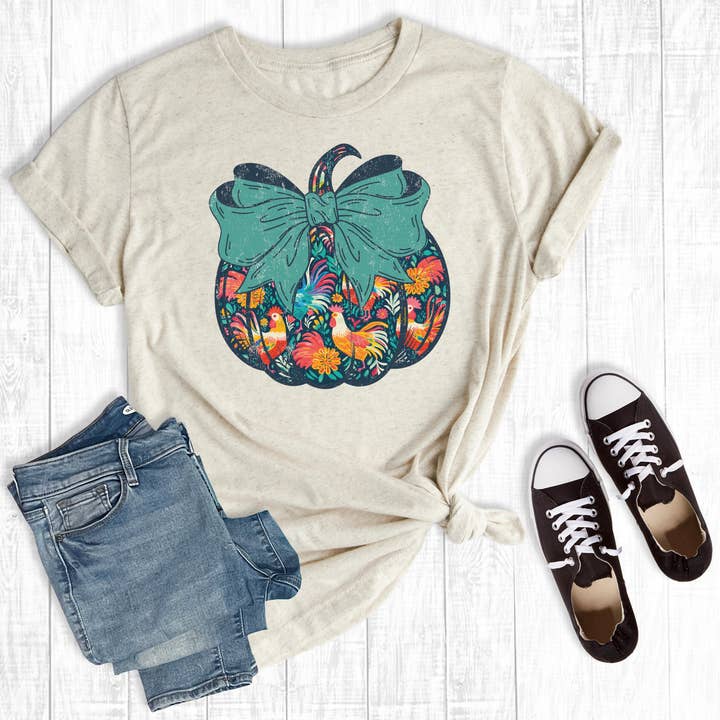 Farm Life Fall Coquette Chicken Pumpkin Graphic Tee for wholesale by Rebel Rose
