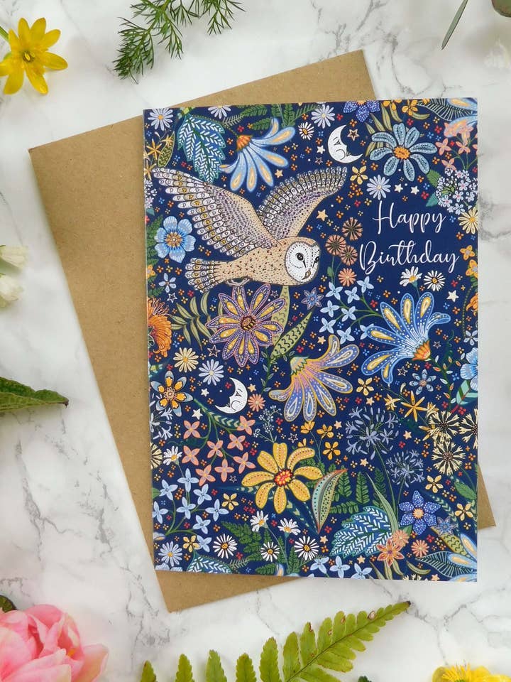 Joyeux anniversaire, chouette et fleurs pour la vente par Mystical Sky Studio