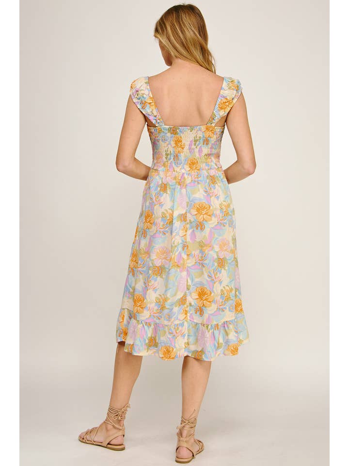 IVPEM ANTIKES ROSENBEDRUCKTES MIDIKLEID MIT ELASTISCHEN ÄRMELN für den Großhandel auf Faire4