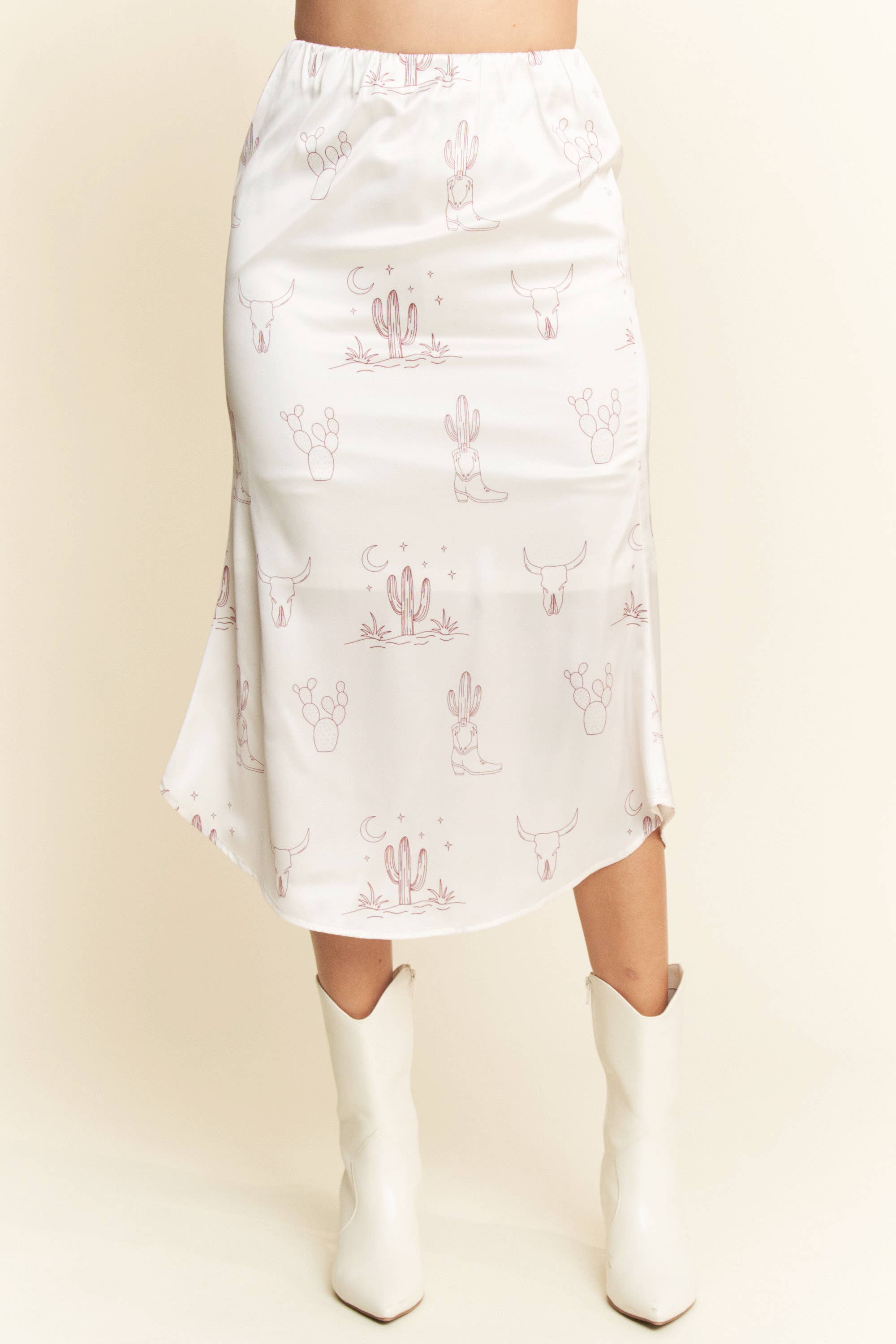 LATTE PLUS WESTERN CONVERSATIONAL PRINTED MIDI SKIRT for wholesale on Faire6