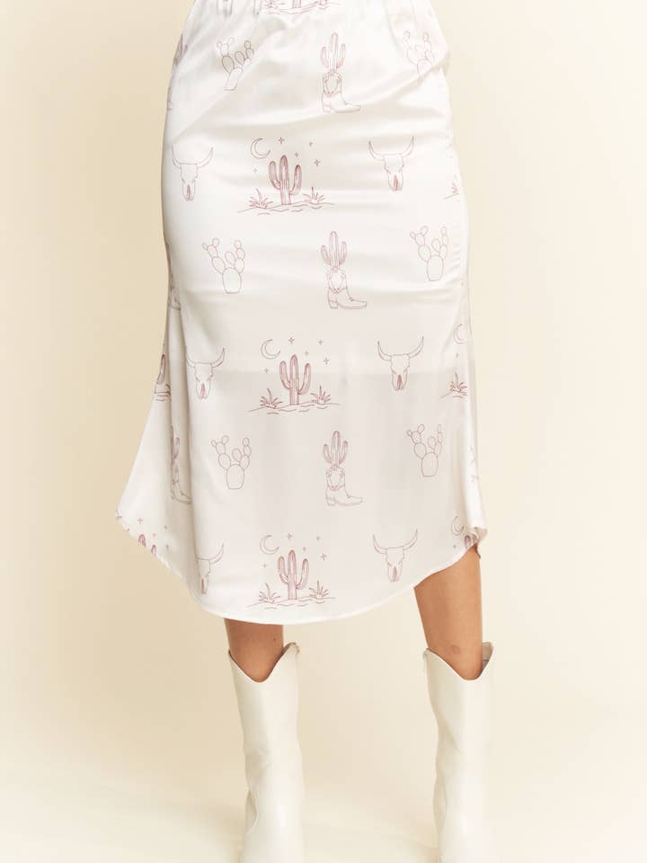 LATTE PLUS WESTERN CONVERSATIONAL PRINTED MIDI SKIRT for wholesale on Faire6