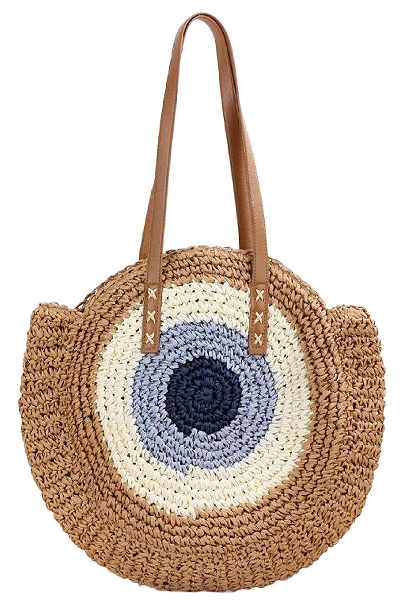 Cap Zone - Wholesale Beach Bag - Boho Evil Eye Rattan Wicker Round Beach Tote Bag5