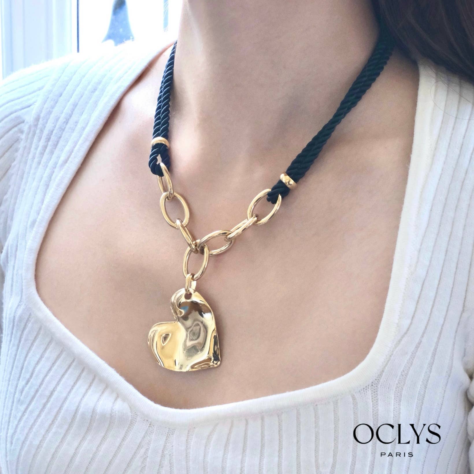 Oclys - Vente Colliers tissés - Collier cordon avec cœur pendant acier inoxydable Fofona3