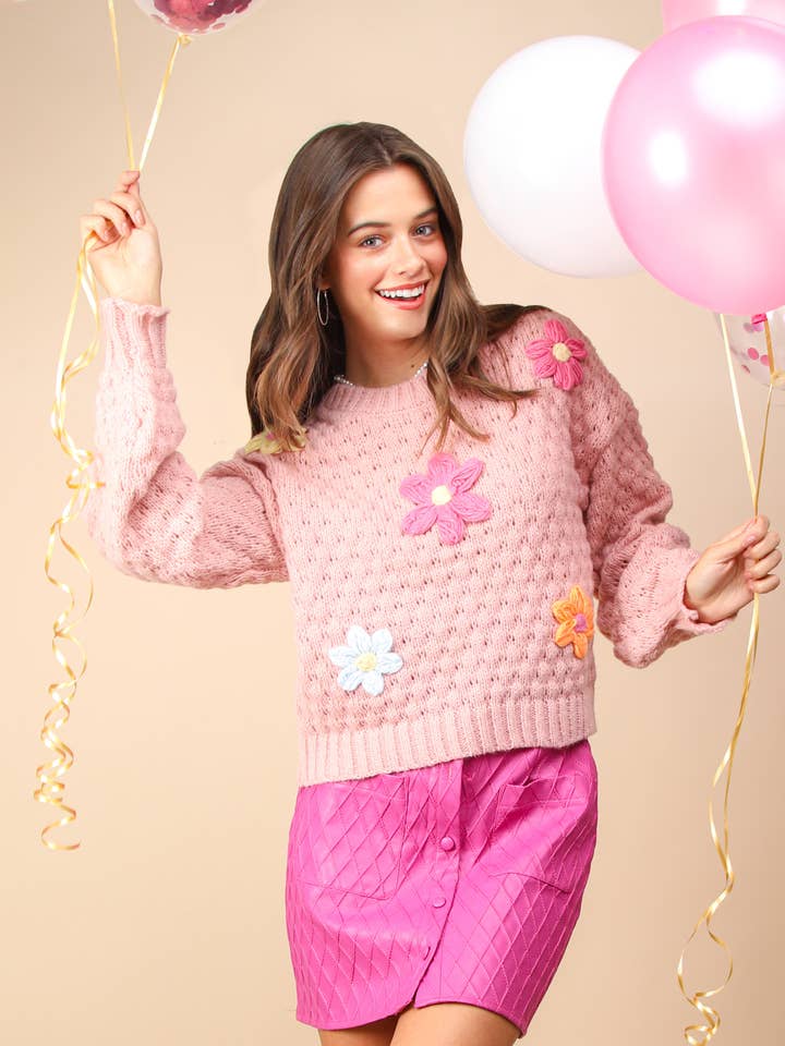 VERY J - Wholesale Knit Sweater - Women's - 12W3111NX-PLUS SIZE Hand Made Flower Applique Sweater Top