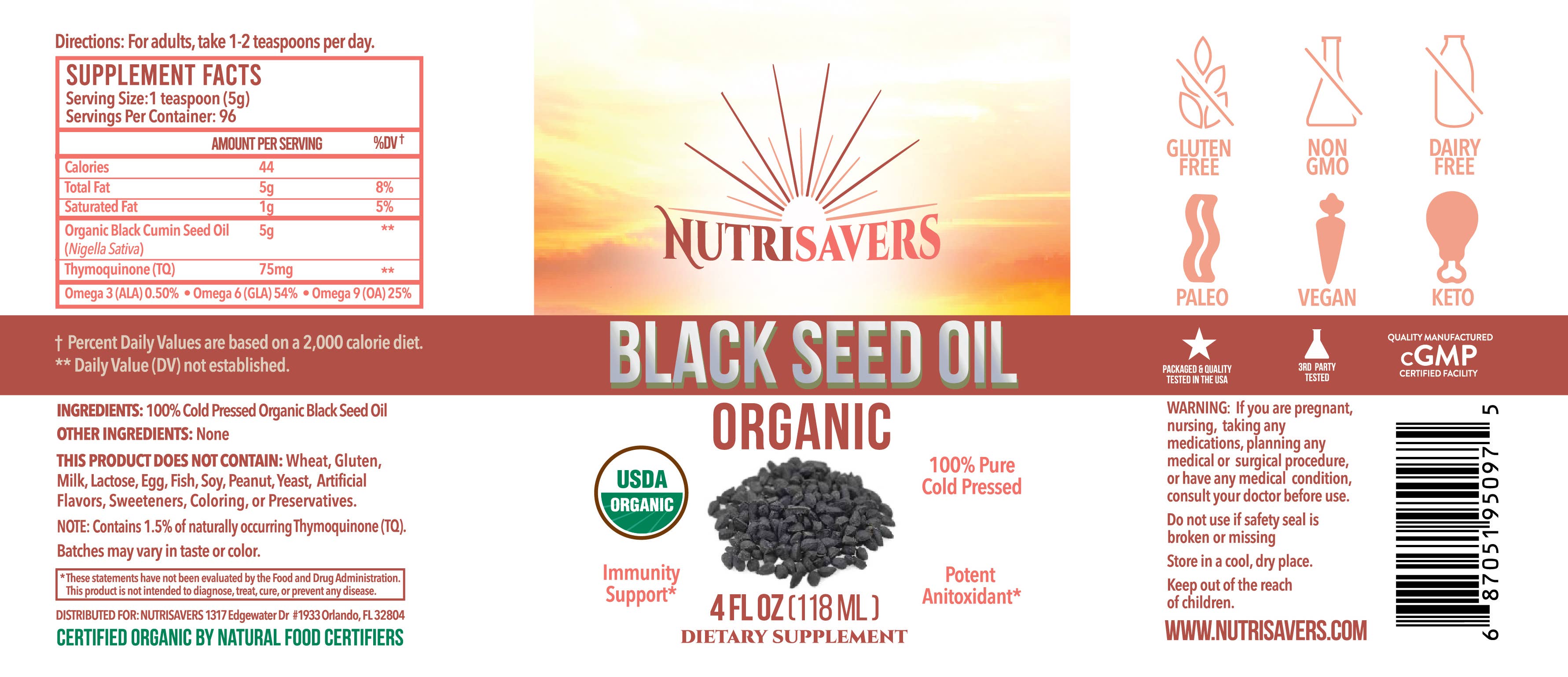 California Essentials - Wholesale Oral Supplement/Vitamin - NUTRISAVERS CERTIFIED USDA BLACK SEED OIL LIQUID-MULTI SIZES1