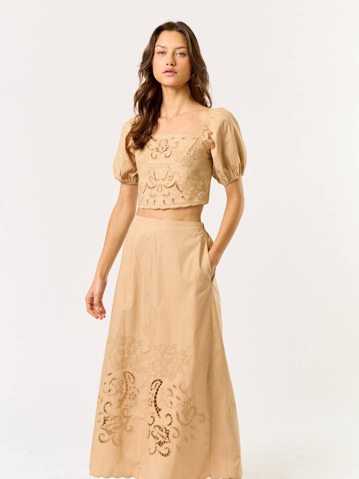 Puff Sleeve Embroidery Cropped Top & Skirt Set for wholesale by Lalavon