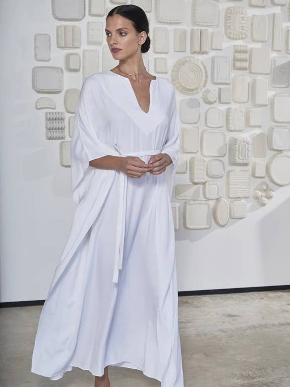 White Classic Belted Cupro Caftan for wholesale by ocean+main